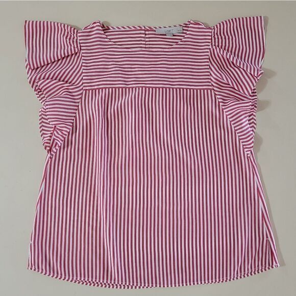 Loft Women's Red Striped Flutter Sleeve Rayon Blouse - Picture 8 of 16